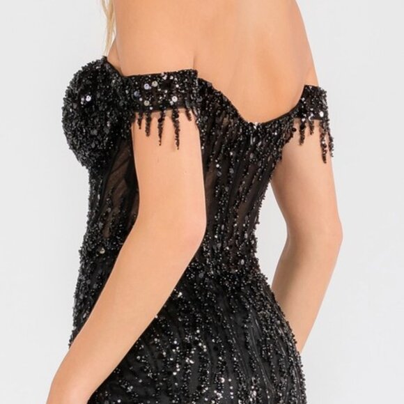 NEW MINI SEQUINS EMBELLISHED OFF SHOULDER DRESS W/ SWEETHEART NECKLINE JT919L - Picture 7 of 8